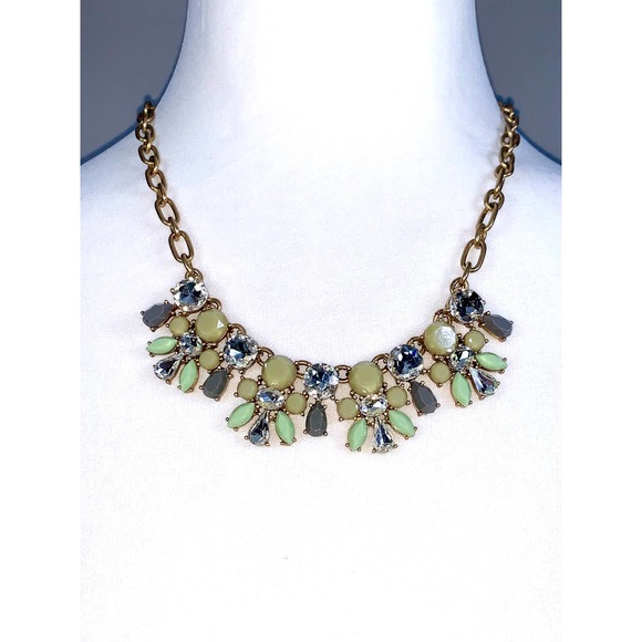 J. Crew Jewelry - J. Crew Green & Pewter Stone Crystal Cluster Statement Necklace EUC